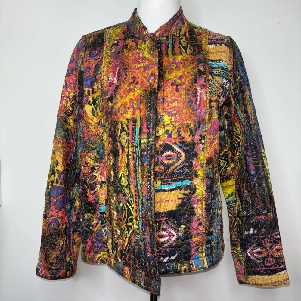 Chadwicks Reversible Jacket Women 12 Quilted Art to Wear Textured Print Colorful - Picture 1 of 16